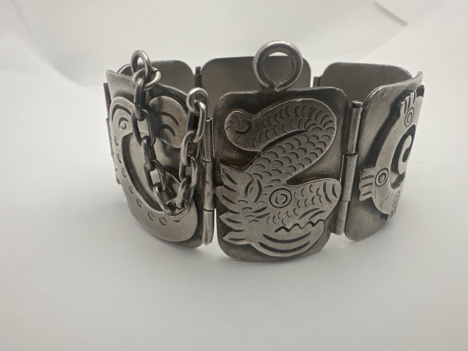 Vintage Early Taxco Mexico 980 Silver Panel Aztec Mayan Bracelet, 89 Grams