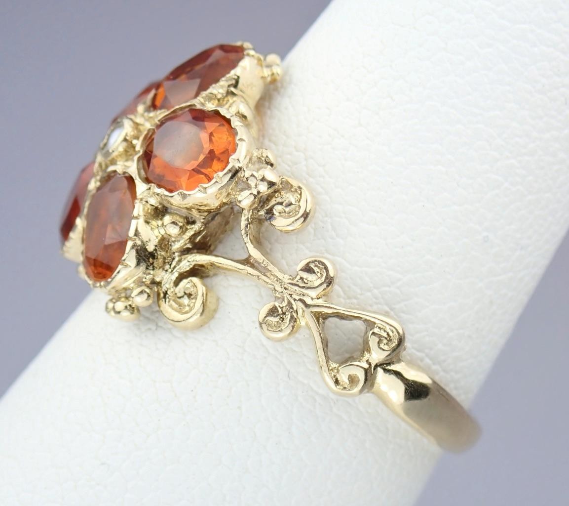 Pretty Vintage Solid 9K Gold Madeira Citrine Pearl Floral Scroll Ring 1971 7.25