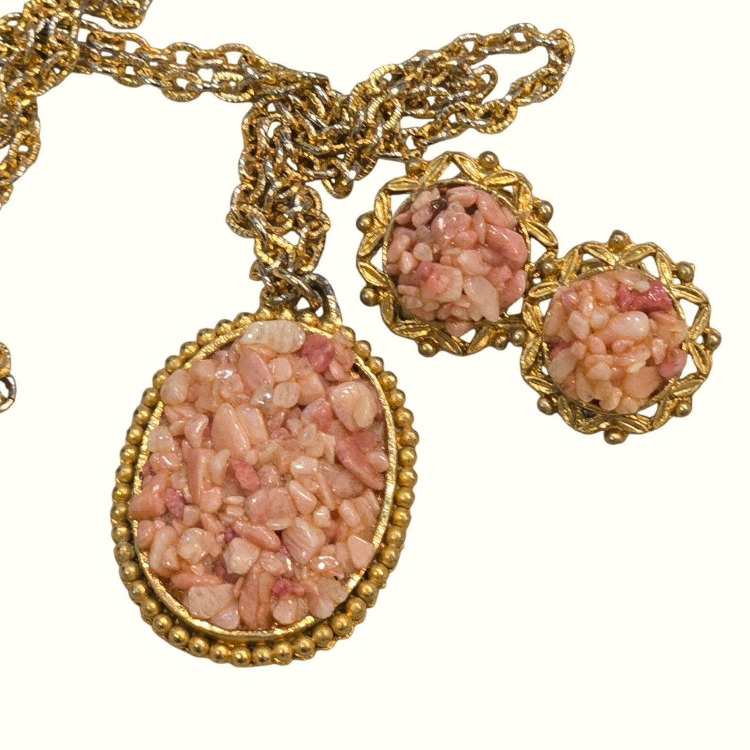 Vintage Pink Agate Chip Necklace and earring set Pendant retro costume Jewelry