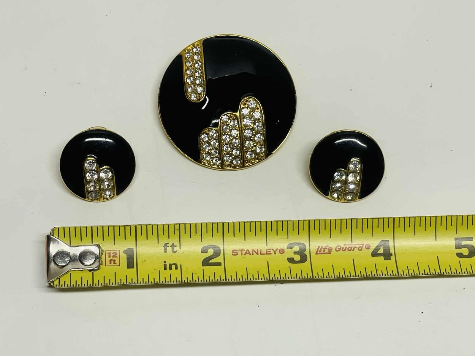 Vintage MONET Black Enamel Rhinestones Goldtone MCM Brooch And Earrings Set