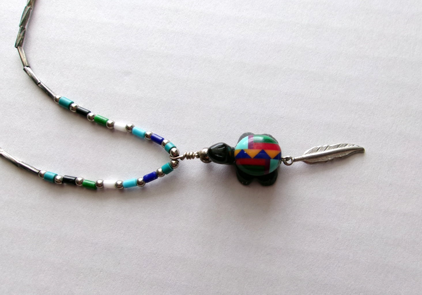 Inlay Turtle Pendant Necklace 18″ Liquid Silver & Bead Chain