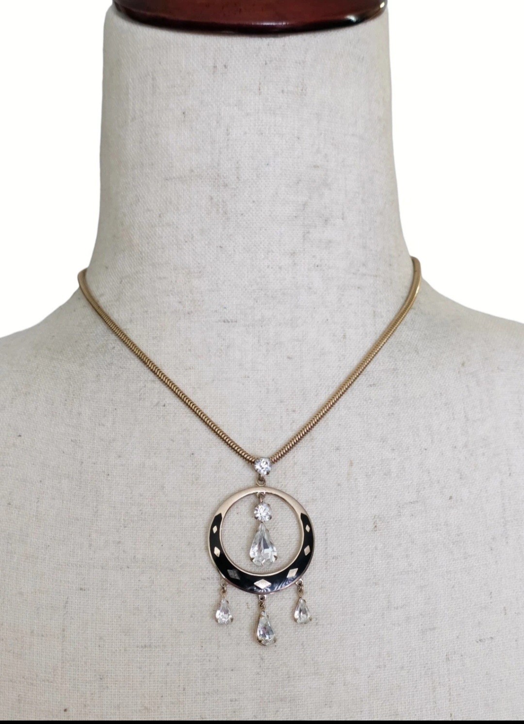 Vintage Art Deco Lavalier Pendant Necklace Gold Tone Black Enamel Crystal 15″