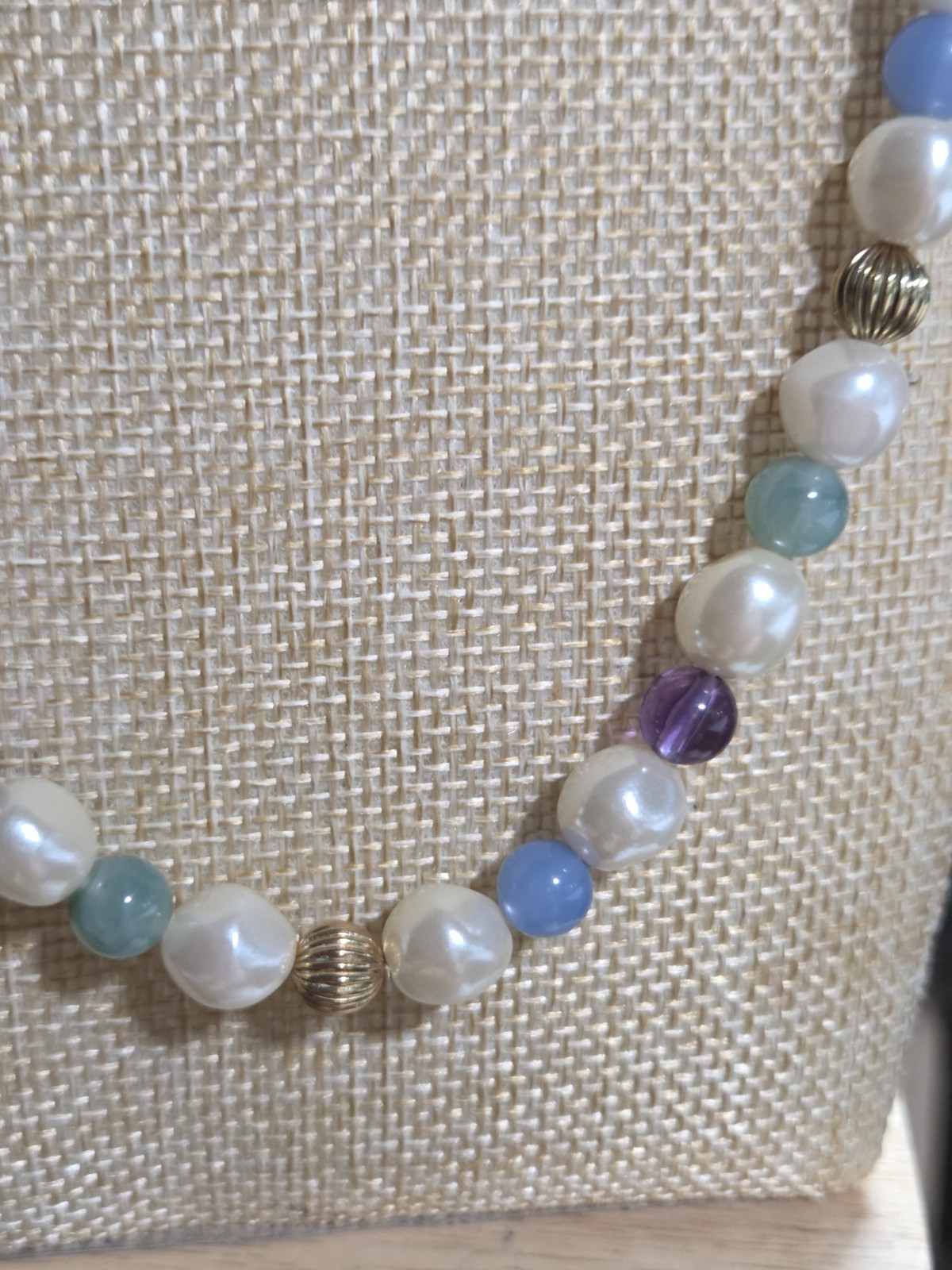 34″ Opera Faux Pearl Blue Green Purple Bead Gold Tone Necklace Barrel Clasp