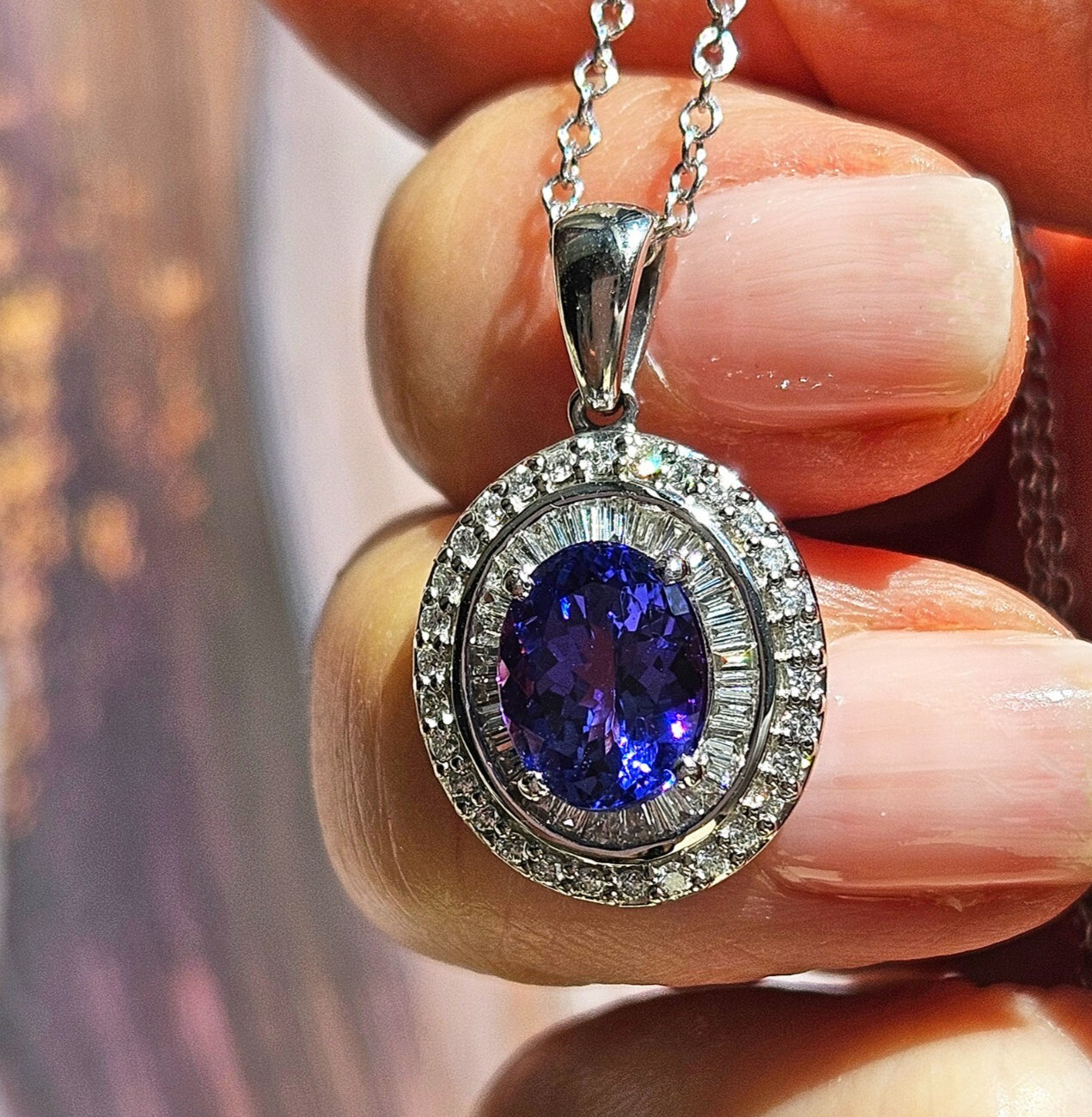 Rhapsody AAAA OVAL Tanzanite E-F VS Baguettes Diamonds 3.45ctw Platinum Pendant