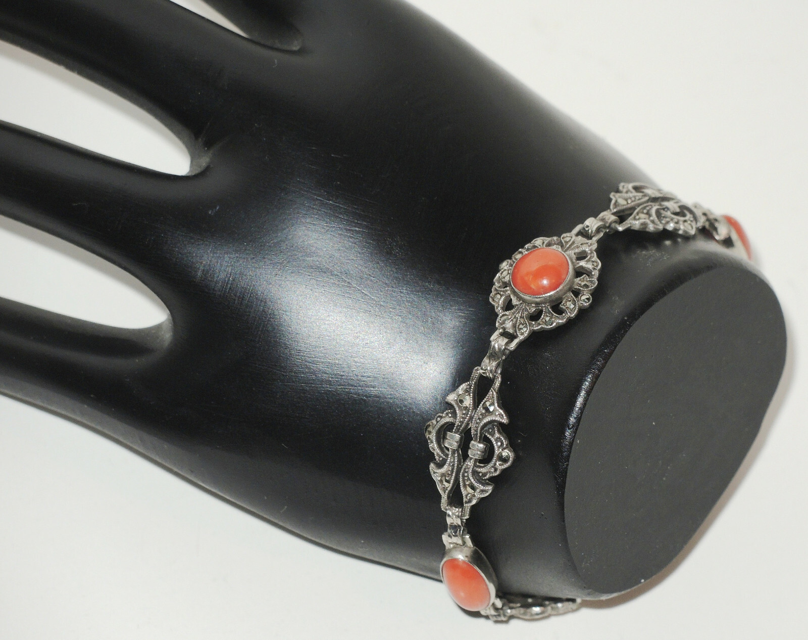 1920’s Art Deco Sterling Openwork Links Bracelet with Coral & Marcasites