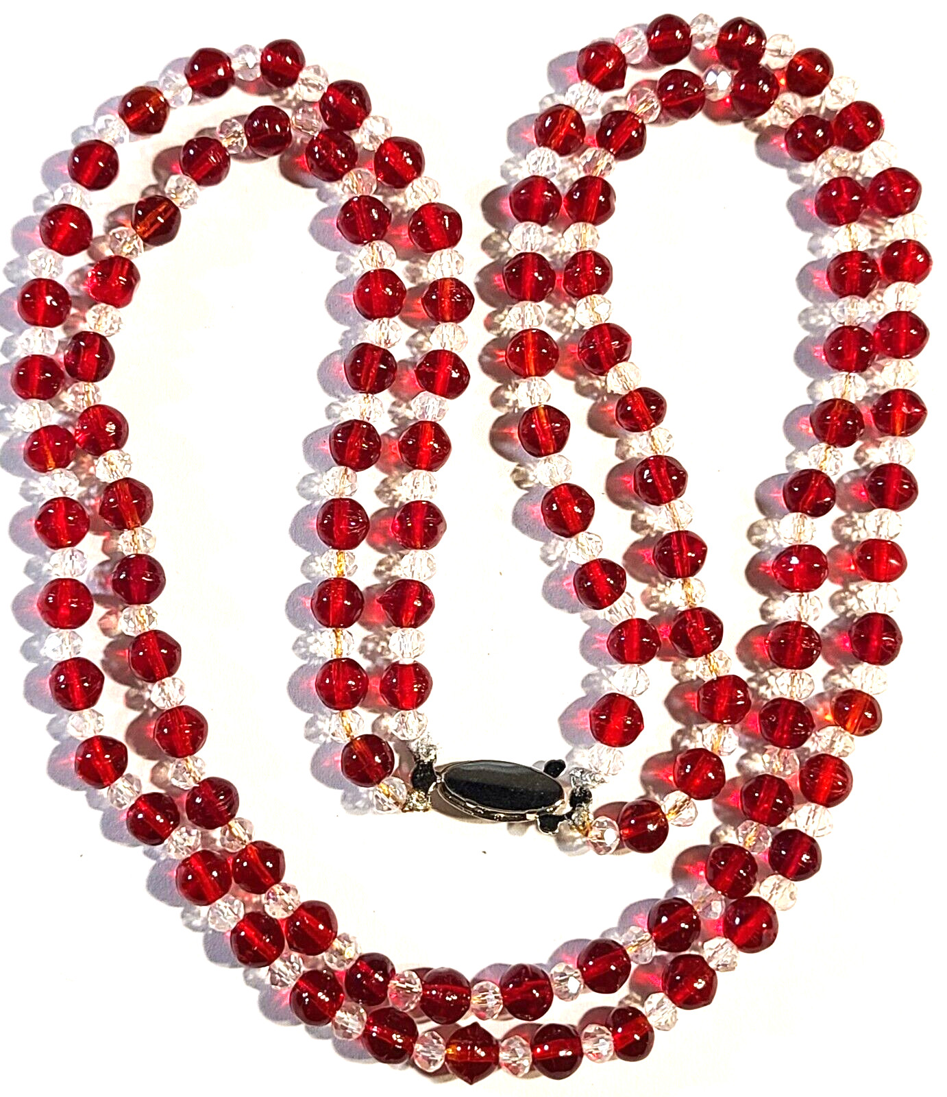 VINTAGE STUNNING SILVER TONE 2 STRAND DARK RED AB GLASS NECKLACE