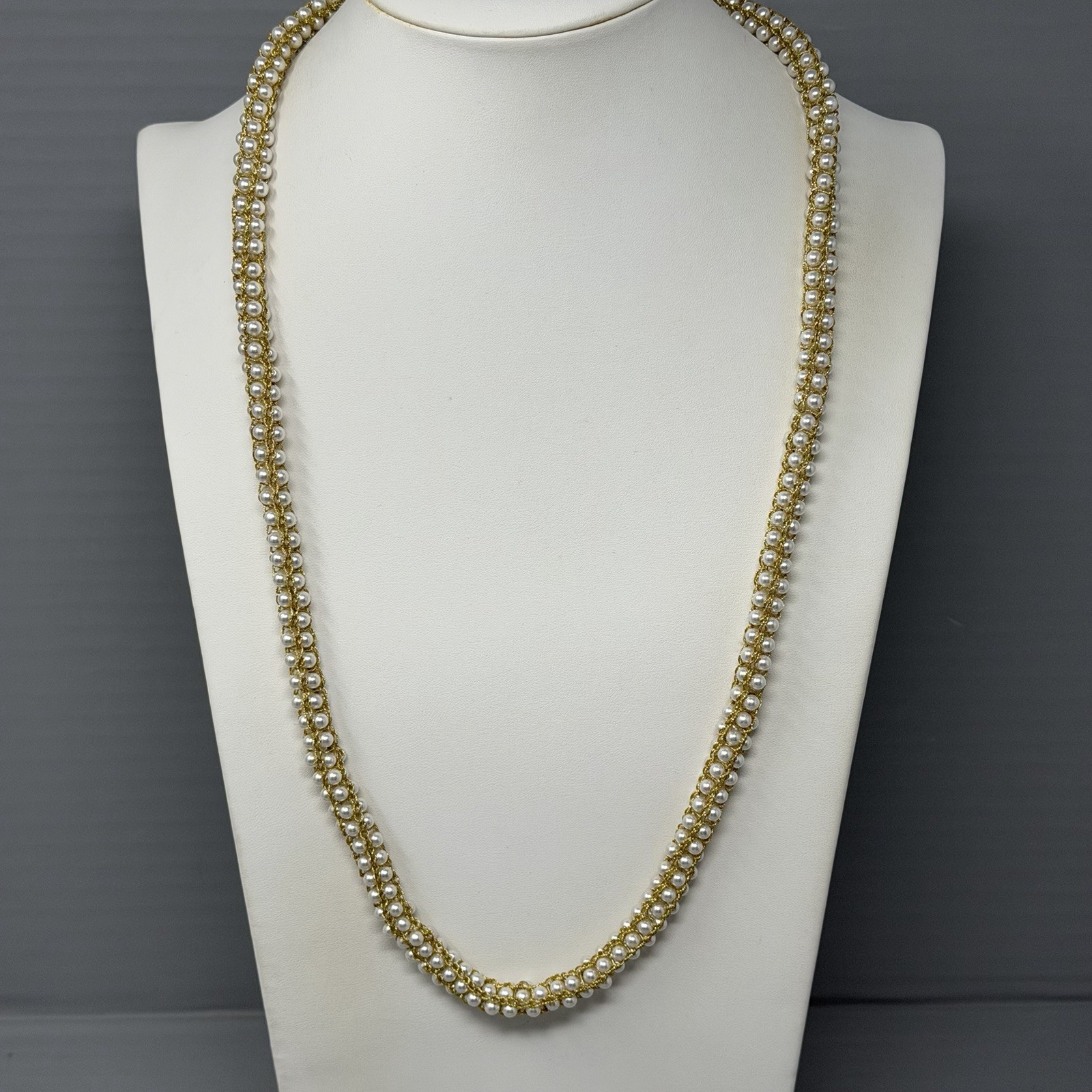 Mini Faux Pearl Necklace Gold Tone Woven Tension Layers Twist Stretchy Handmade