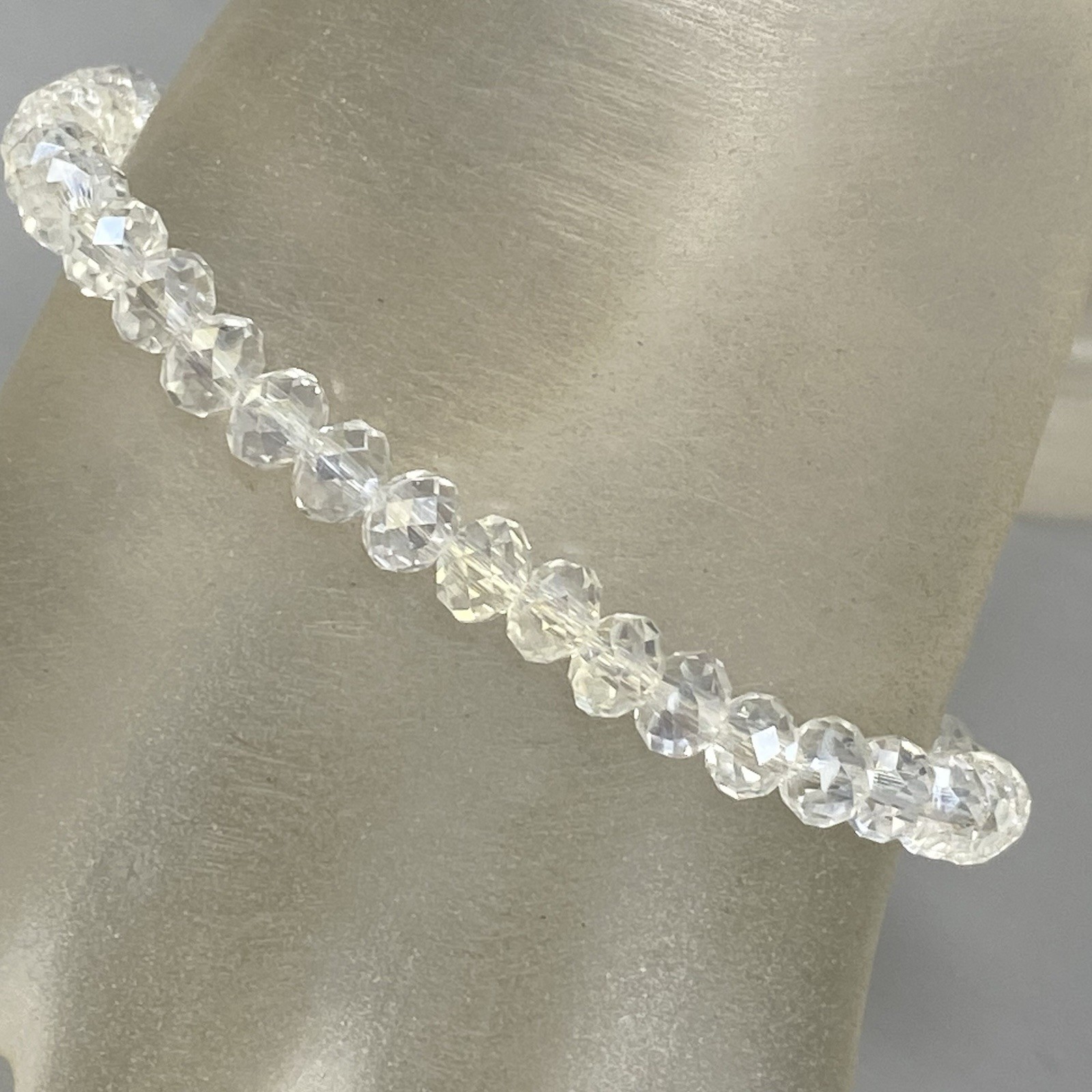 Mini Clear Glass Beaded Bracelet Faceted Rondelle Stretch Fire Polished 7″