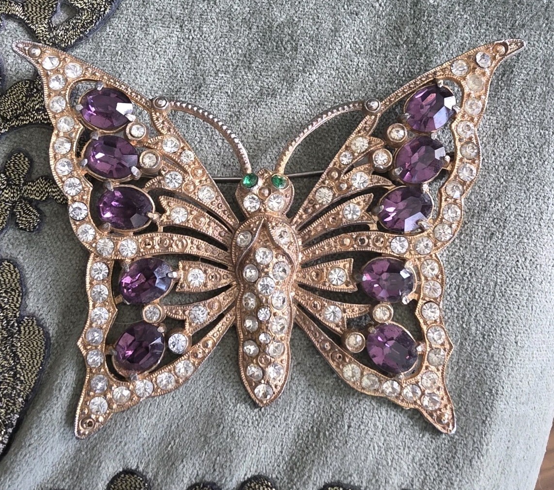 Huge Goldtone Deco Butterfly Brooch 4 In Span