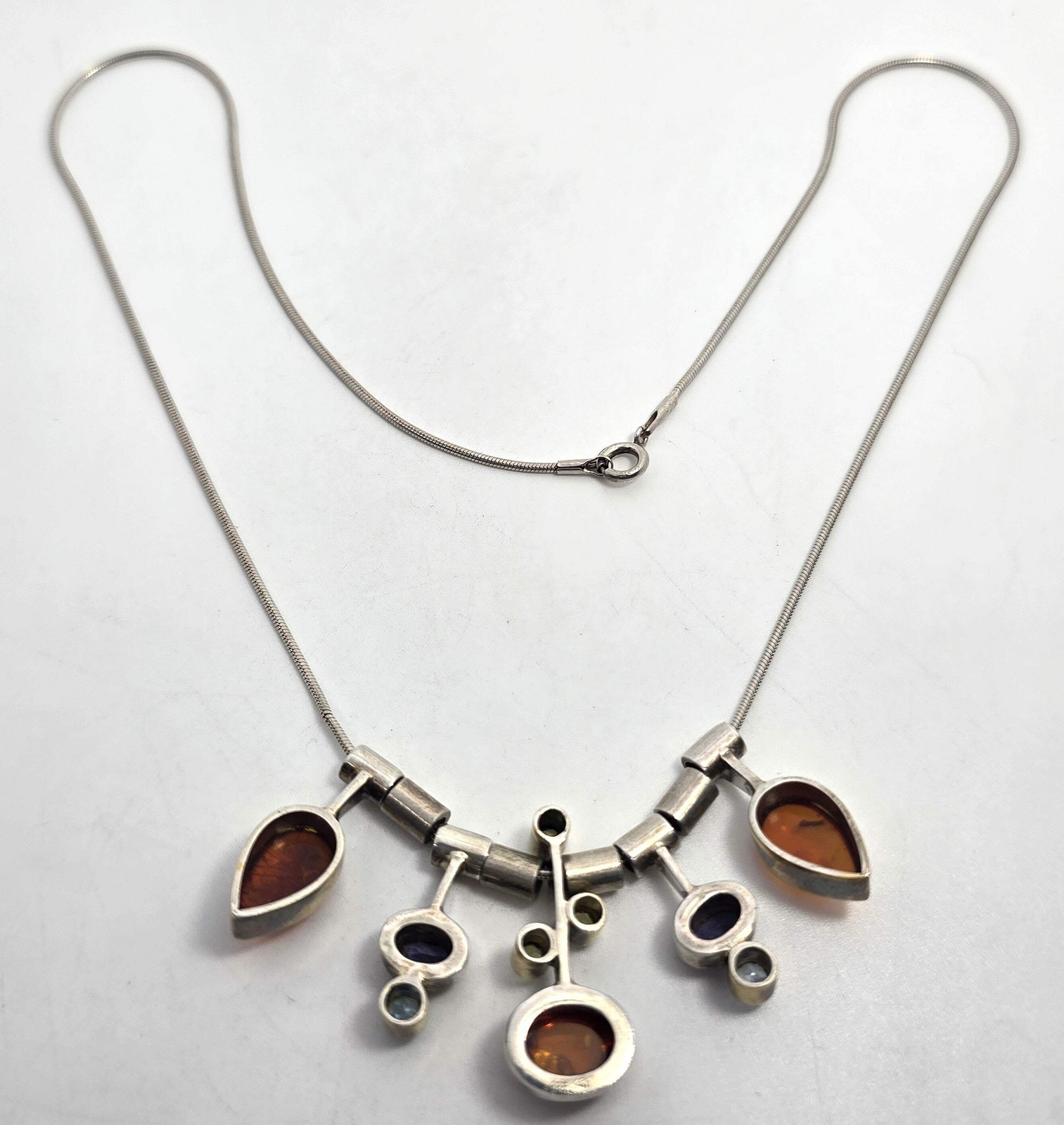 Modernist Amber Iolite Peridot and topaz vintage sterling silver necklace