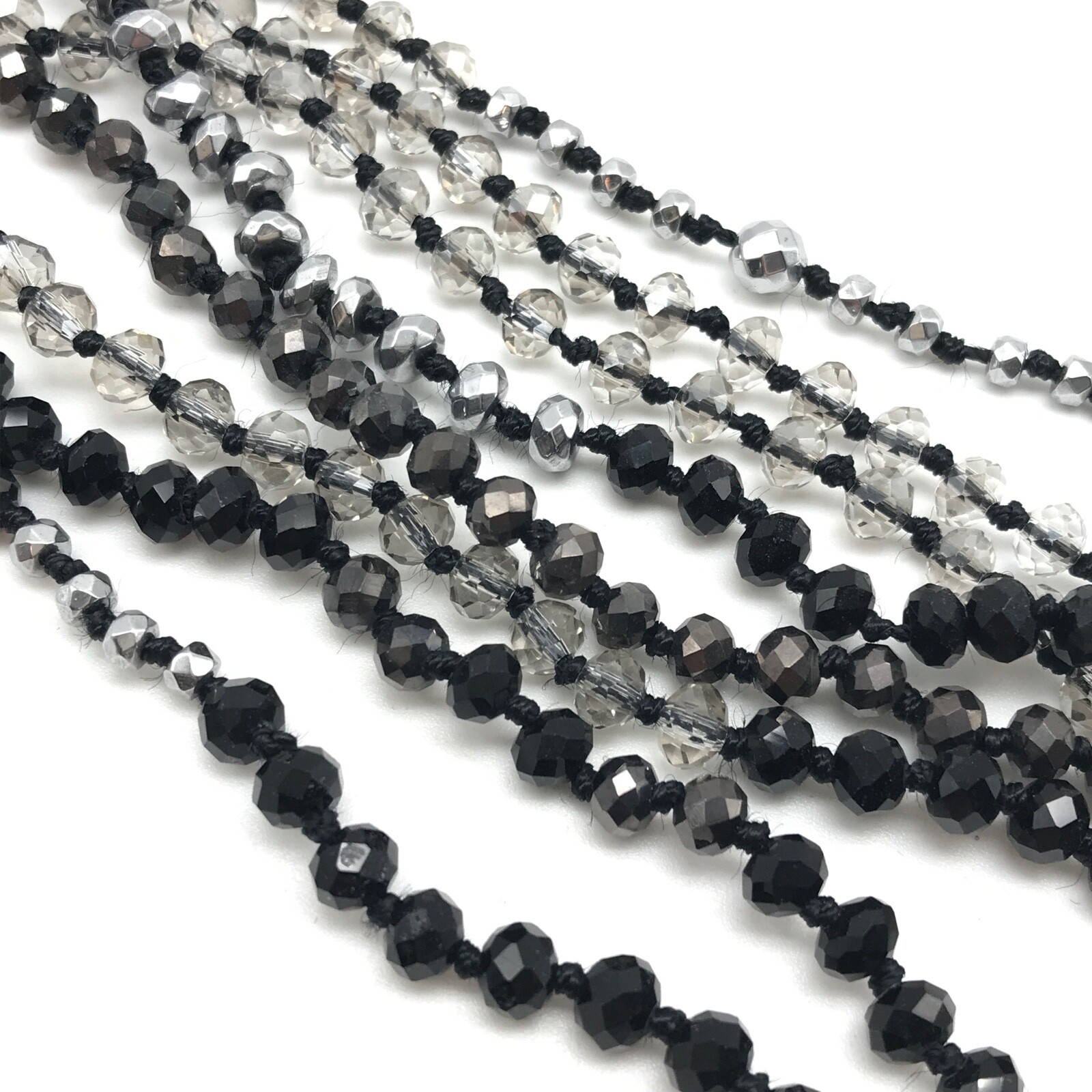 Vintage Clear Crystal Black Faceted Glass Beaded Long Hand Knot Strand Necklace