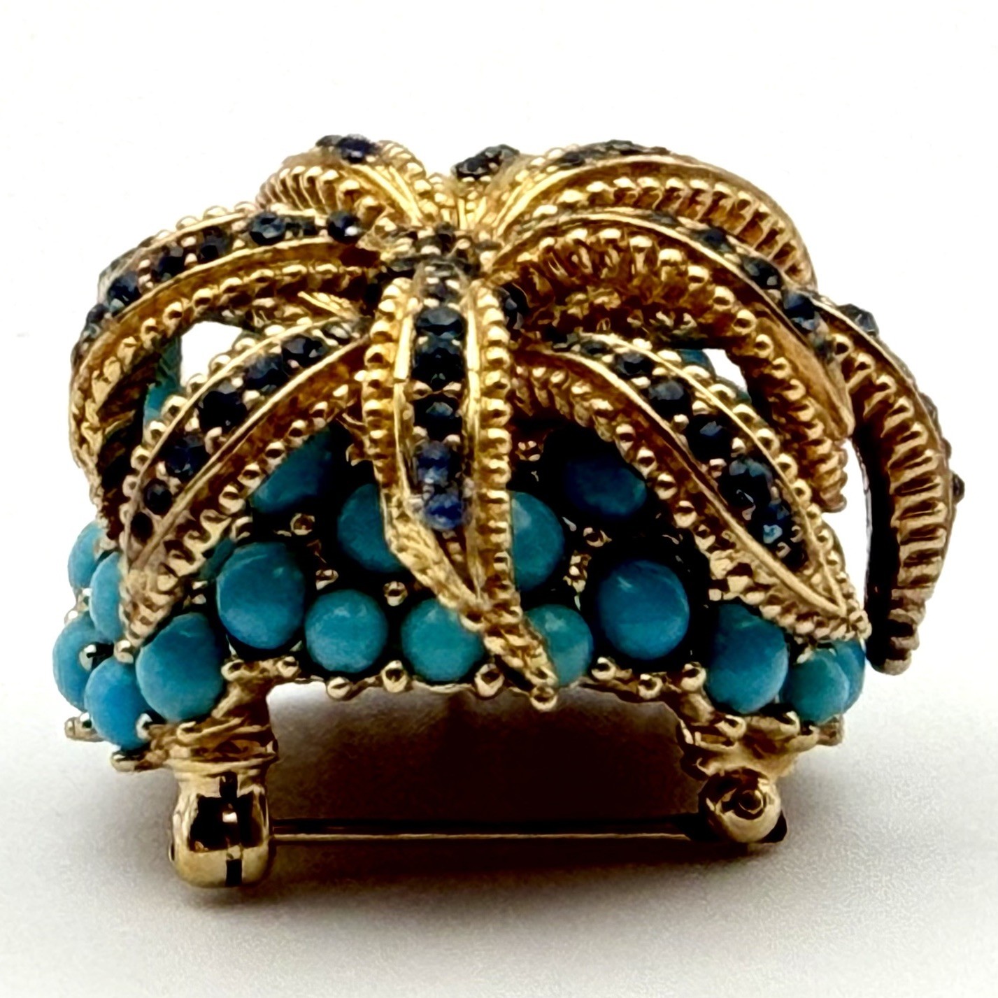 CINER Pineapple Brooch Faux Turquoise Cabochon Rhinestone Gold Tone Signed Vtg