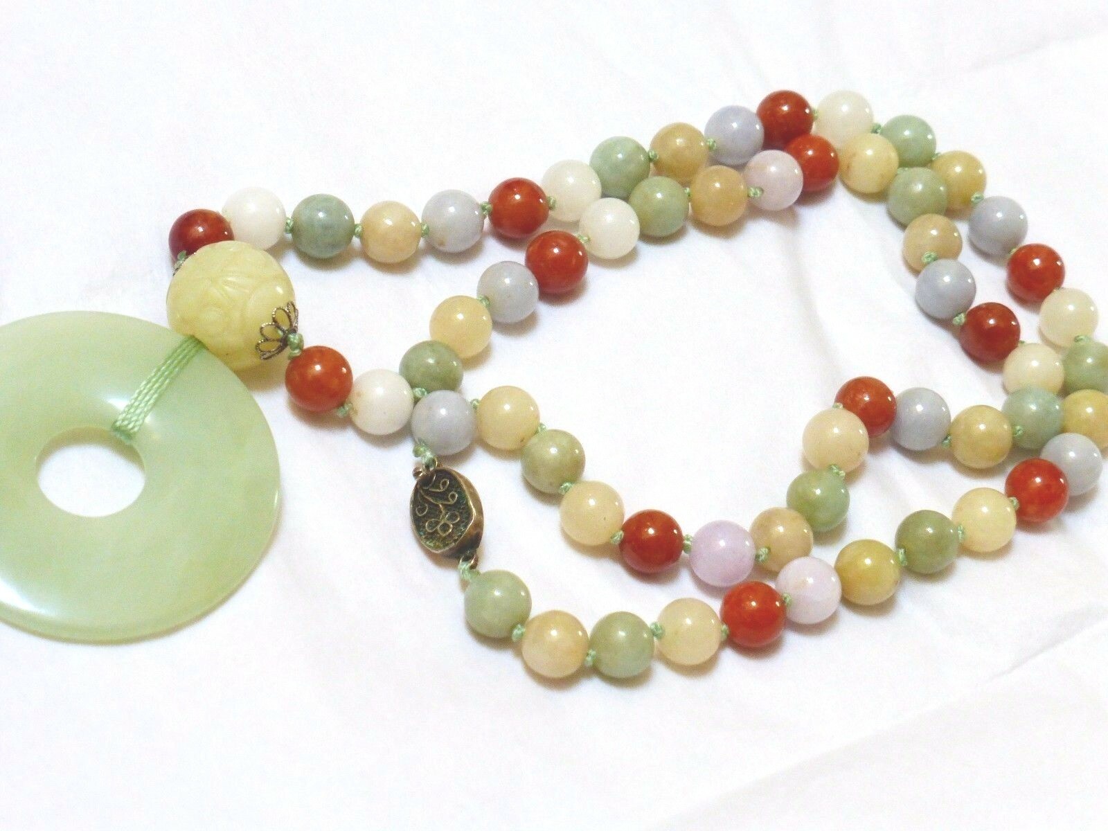 Vintage Chinese Multi-Color Jade 9mm Beads Necklace Pendant, Silver Clasp, 25″