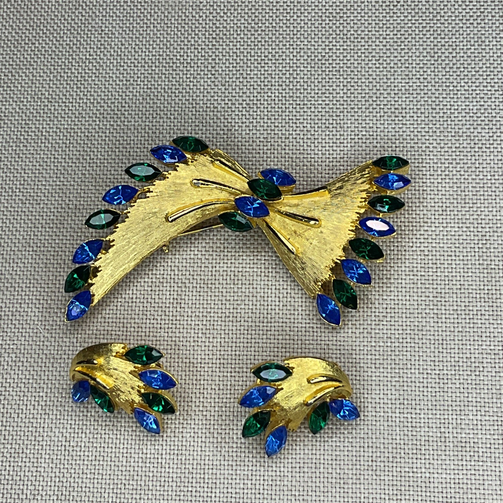 Vintage Signed JJ Brooch Pin Clip Earrings Set Gold Tone Navette Rhinestones