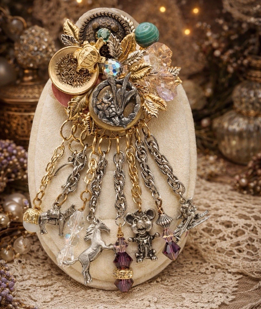 OOAK Assemblage Charm Brooch Wearable Art Dangle Statement Pin