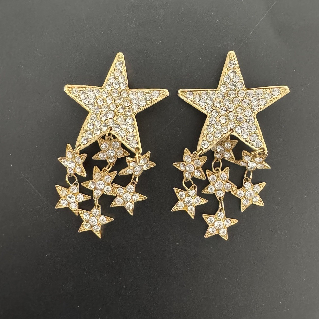 80s French Couture Austrian Pave Crystal Gold Tone Star Drop Runway Earrings