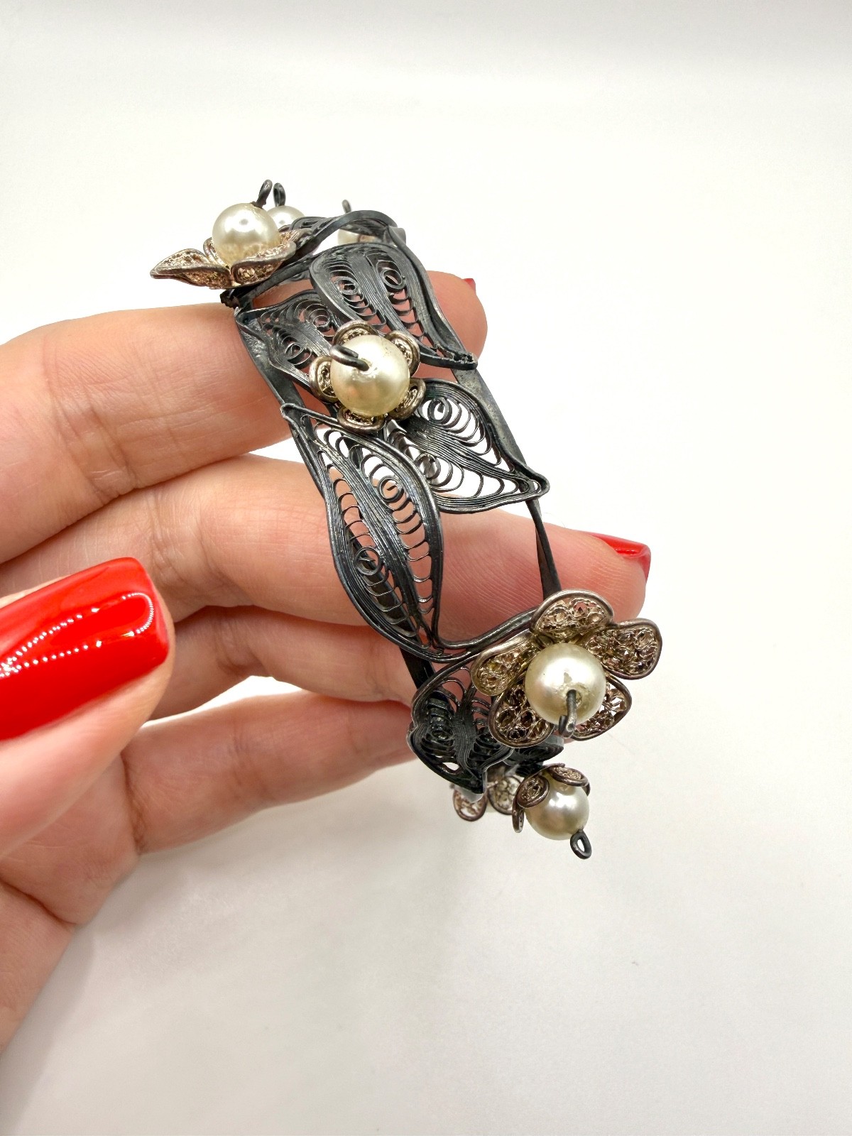 Rare Vintage Soviet USSR 960/950 Silver Filigree Hinged Cuff Bracelet Faux Pearl