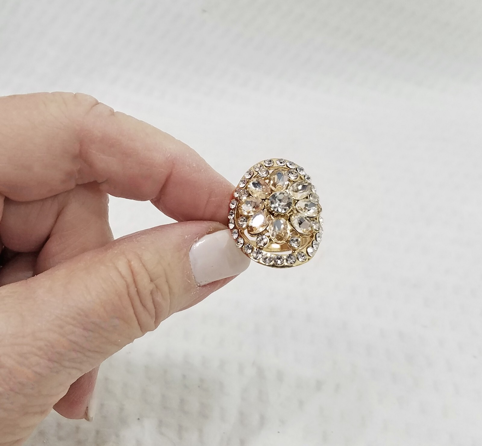 Vintage Gold Tone Clear & Champagne Crystal Domed Oval Adjustable Cocktail Ring