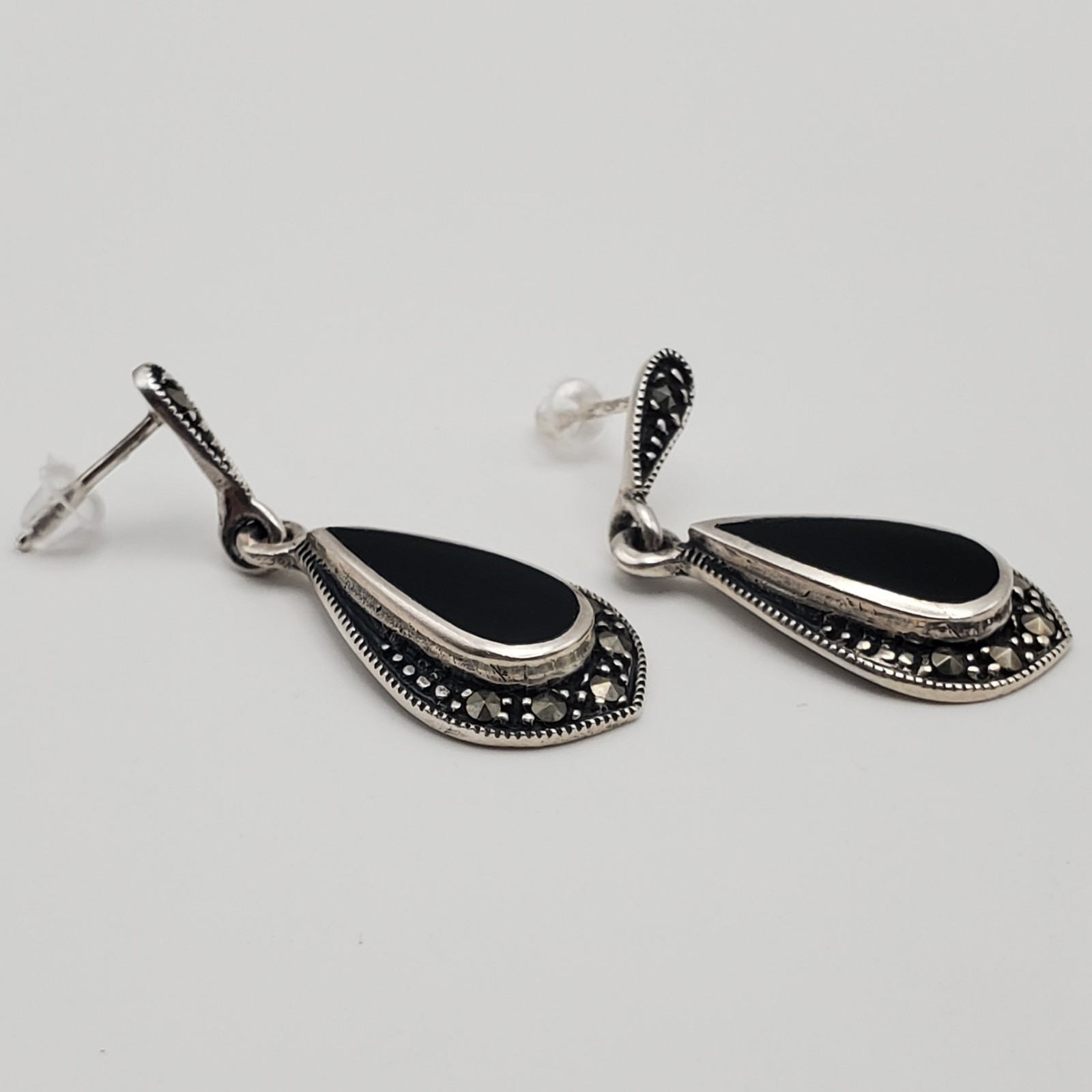 Vintage Dee Berkley Jewelry DBJ Black Onyx Sterling Marcasite Drop Earrings