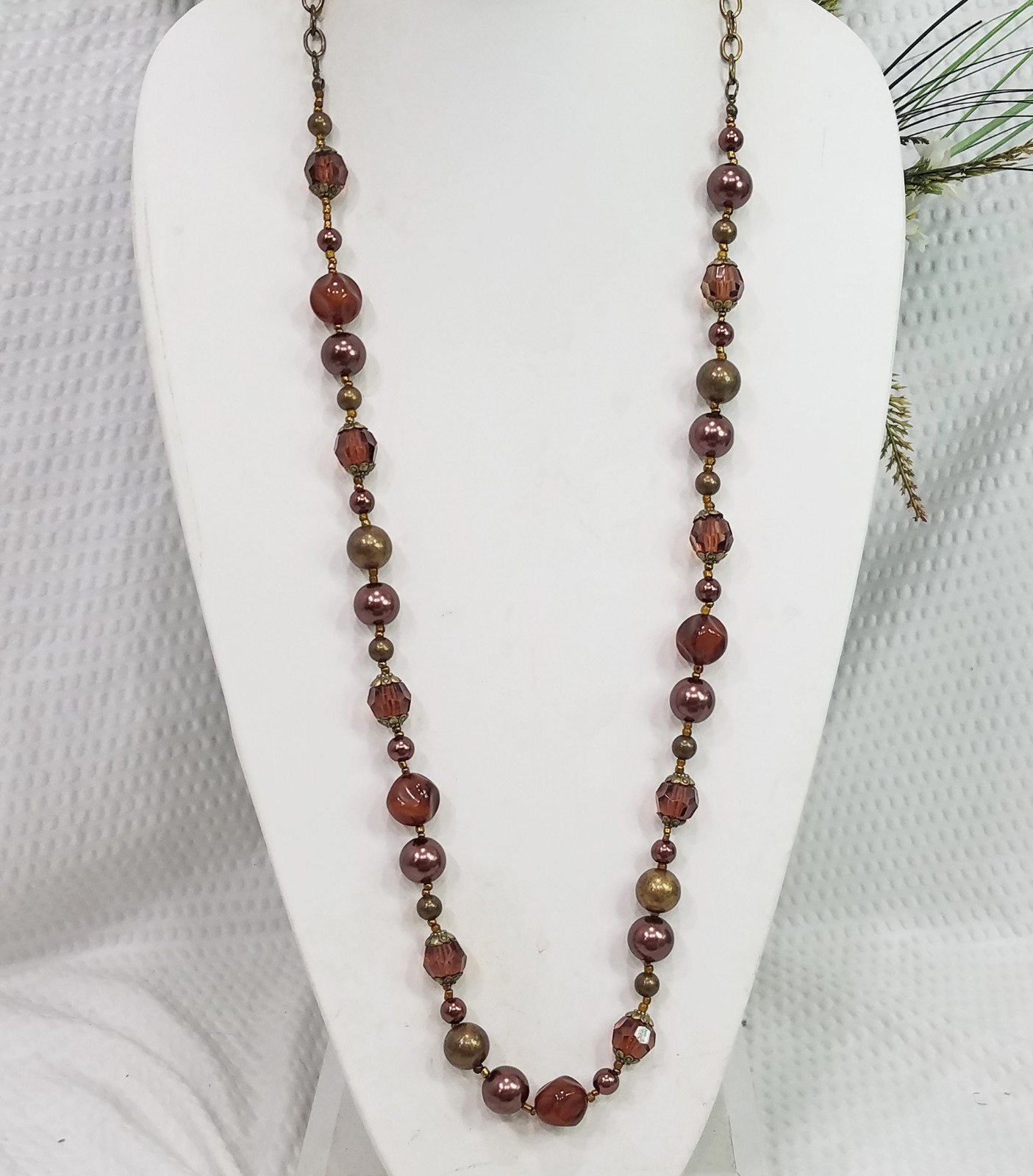 Vintage Brown Acrylic Crystal Cognac Geometric & Brass Tone Bead Long Necklace