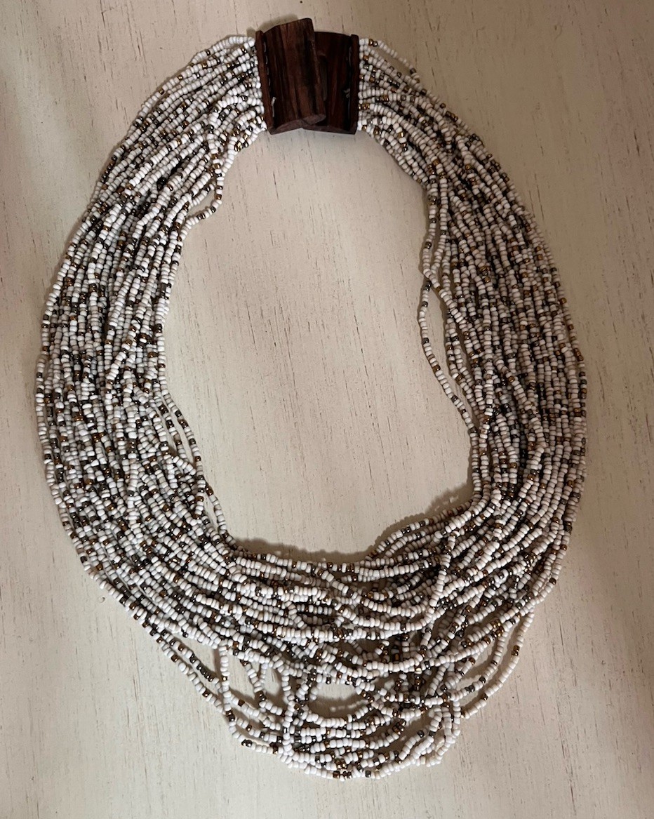 Vintage Multi Layered Ivory Gold Glass Seed Beaded Wood Hook Clasp Boho Necklace