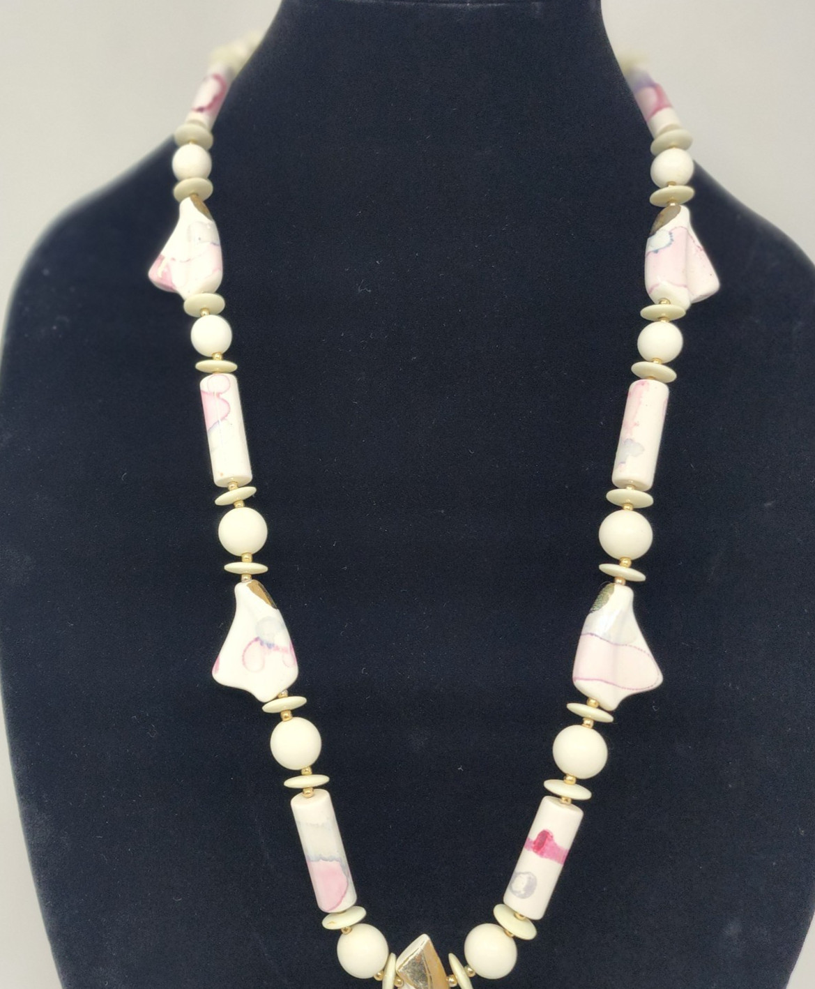 Vtg 80s Japan Hand Painted Pink Watercolor Ceramic Necklace Chunky Statement 30″