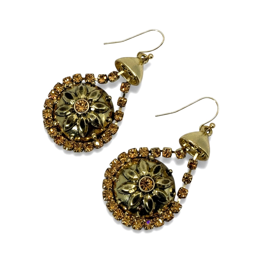 NOS Vintage Chandelier Earrings – Antique Bronze Tone – Champagne Rhinestones
