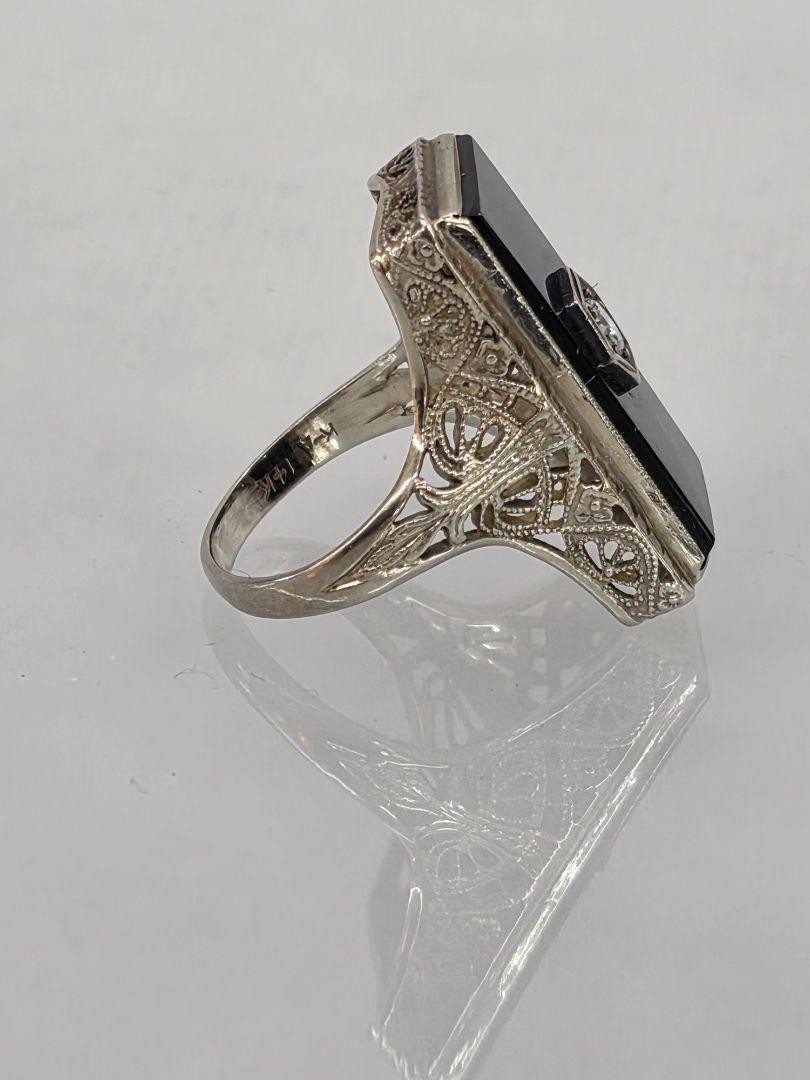 Victorian 14k White Gold Filigree Diamond & Black Onyx Ring Size 4.75