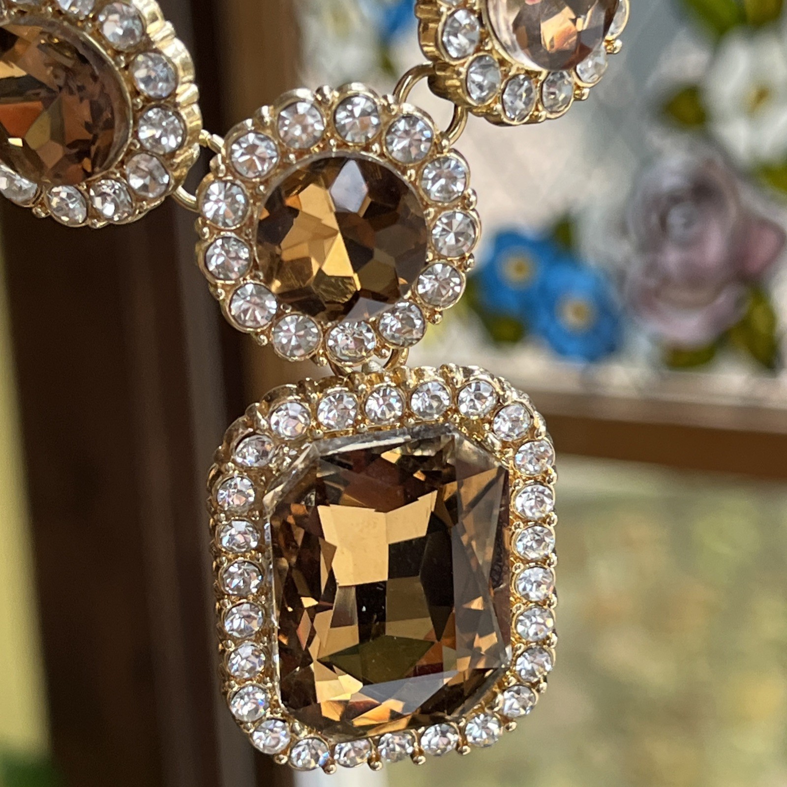 Vintage Monet Faceted Golden Topaz Crystal & Clear Rhinestone Statement Necklace