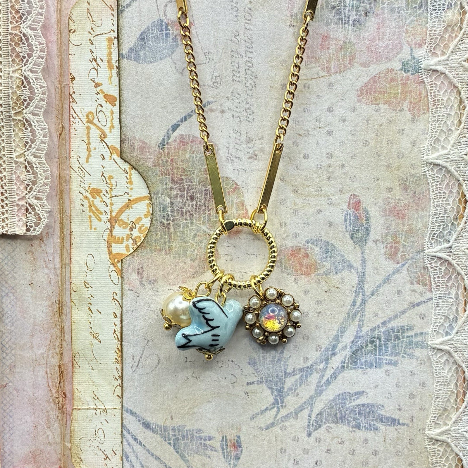 Dainty Vintage Charm Trio, Vtg Gold Plated Chain Necklace, Faux Opal, Bird +
