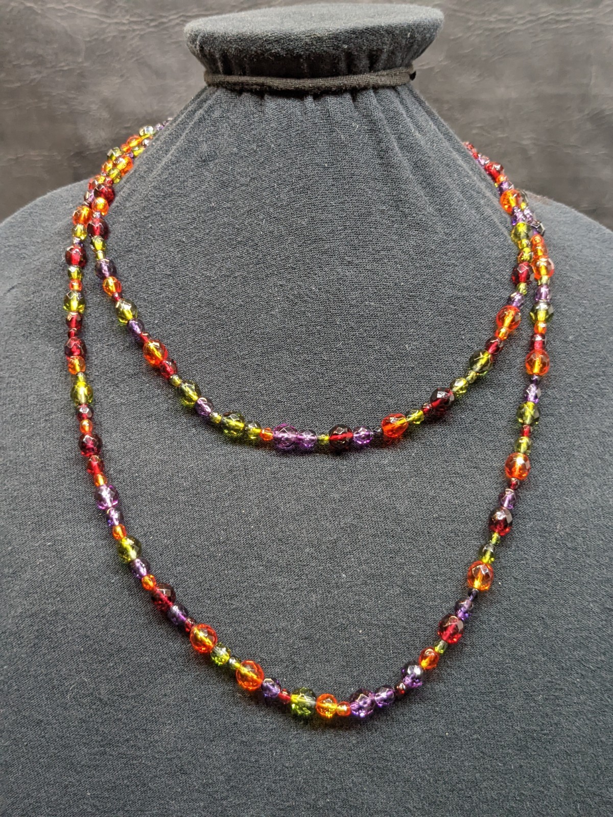 Vintage 44″ Faceted Glass Bead Necklace Long Multicolor Boho Layering Strand