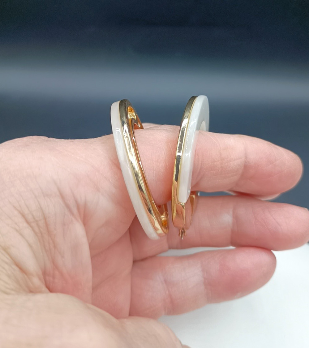 Vintage Wide Hoop Earrings Faux Mother Of Pearl Gold Tone 1.75″ Lightweight