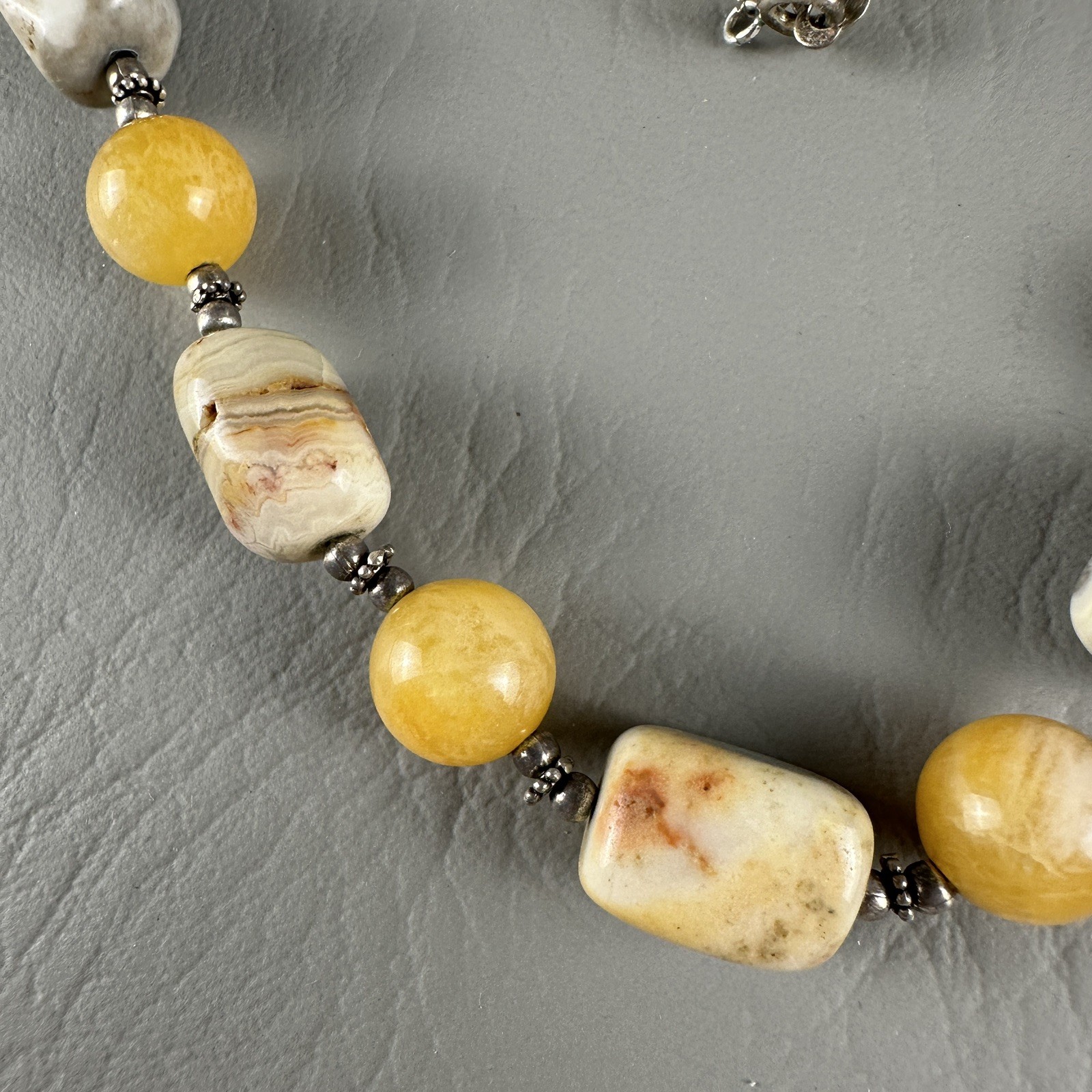 Vintage CW Sterling Silver Stone Bead Necklace Yellow Gray 16″