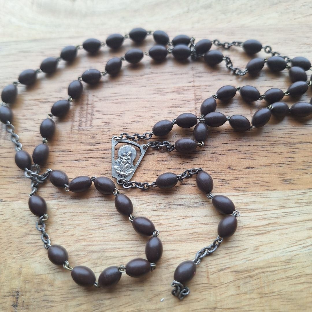 Vintage Italy Rosary Necklace Religious Wood Beads Silver Tone Pendant