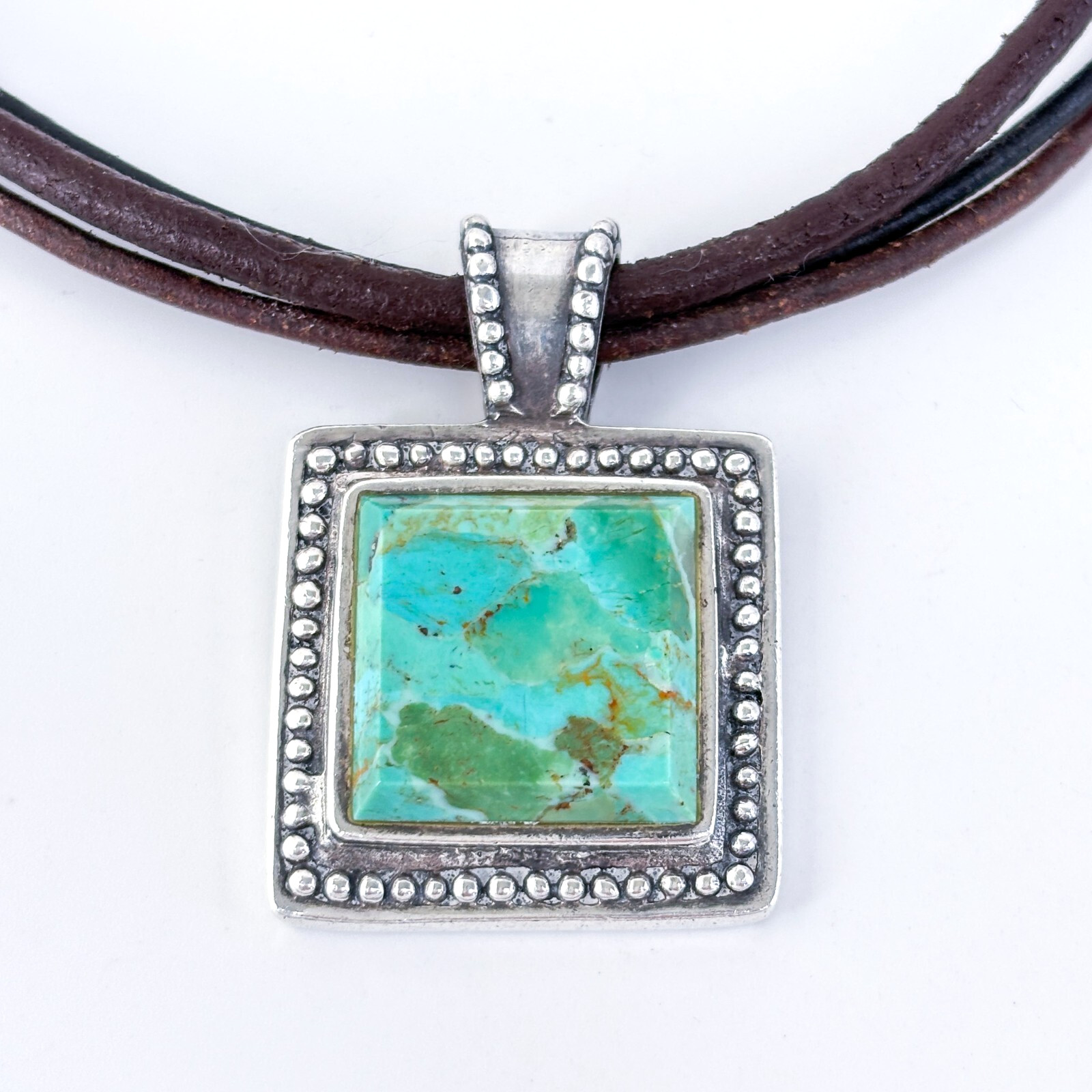 Vintage Sterling Silver Leather Cord Composite Turquoise Pendant Necklace 15.5″
