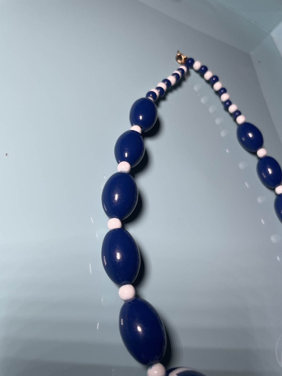 Vintage Blue White Lucite Bead Necklace Zebra Stripe Mod Statement Retro