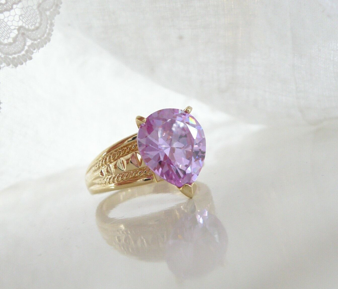 Vintage Sterling Silver 925 Gold on Pink Purple CZ Large Ring Size 10