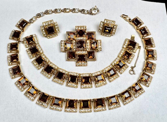 Bogoff “Tawny Topaz” Swarovski Emerald Cut Gold Plate Parure