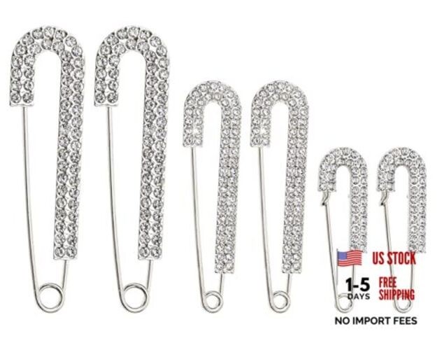 Penta Angel Rhinestone Safety Pins – 6 Pcs Faux Crystal Brooch Clips – Silver