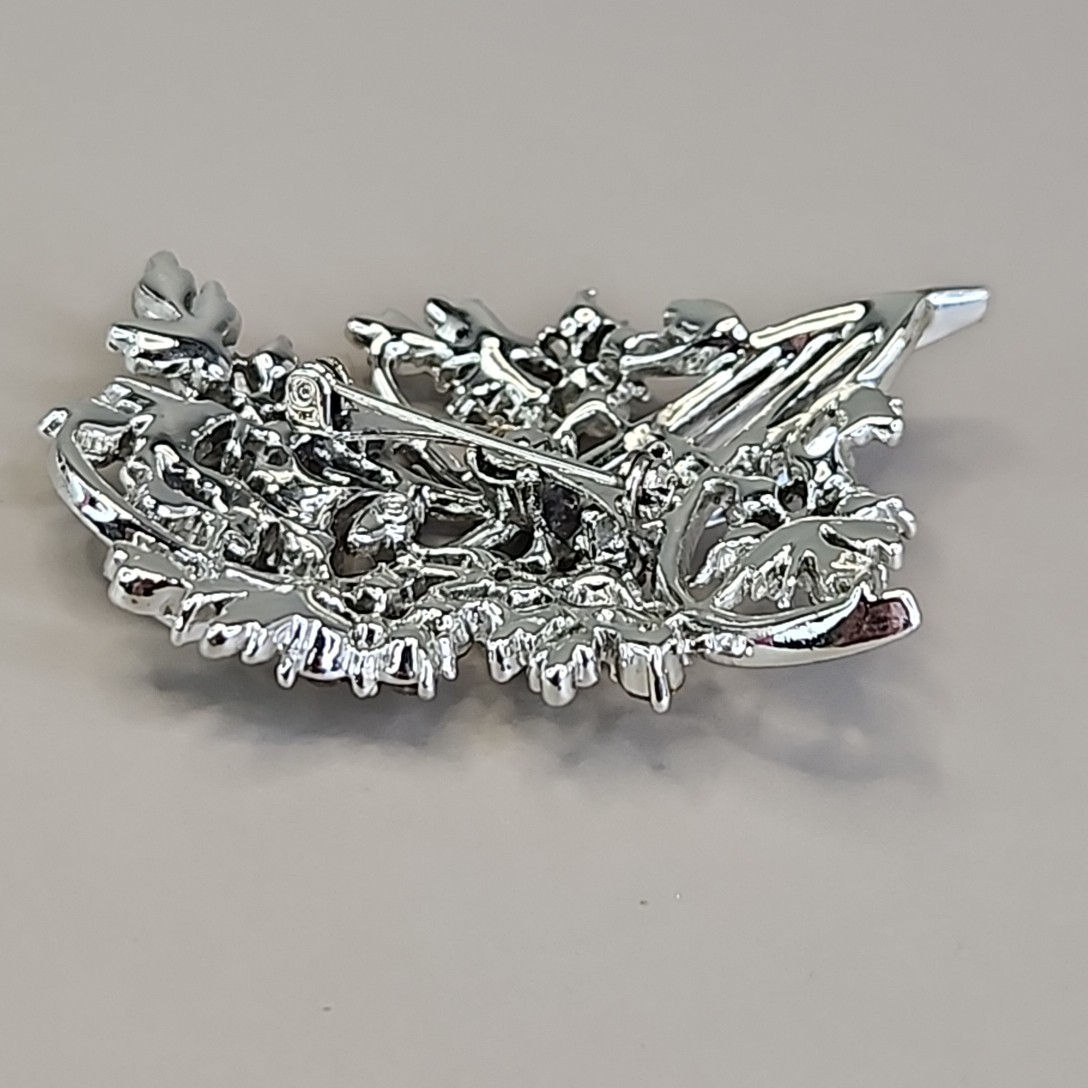 Rhinestone Flower Stem Brooch Clear Glass Silver Tone 2.25″