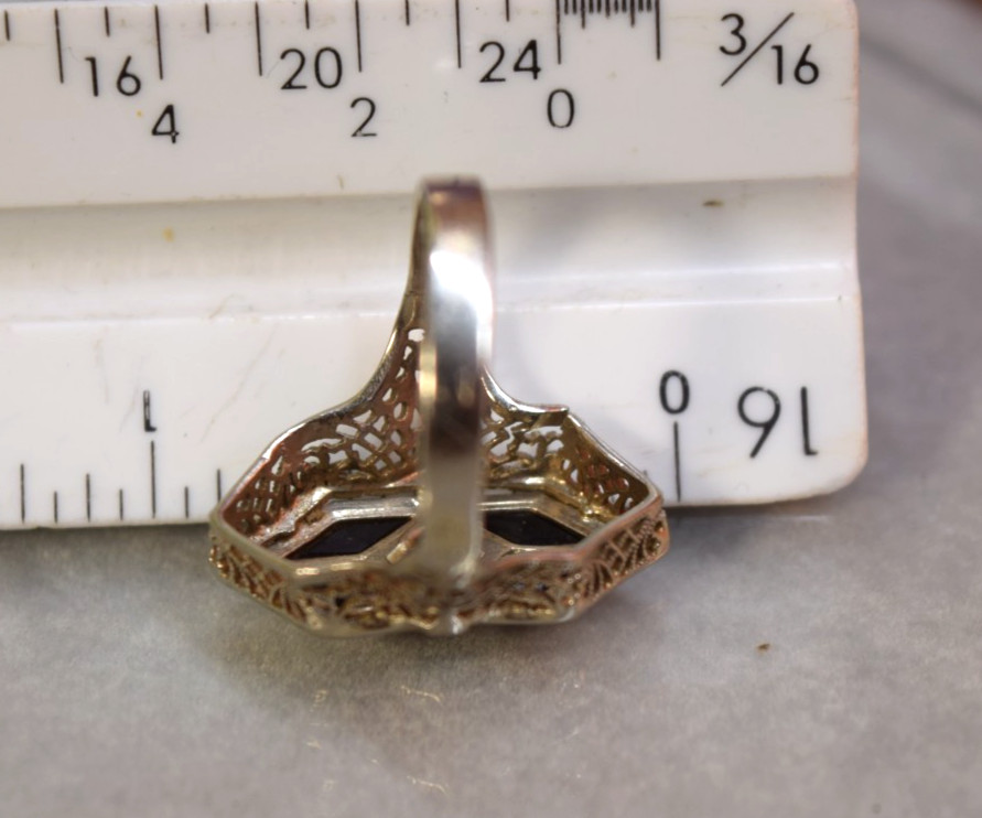 Antique Art Deco 14K White Gold Filigree Black Onyx Diamond Ring sz