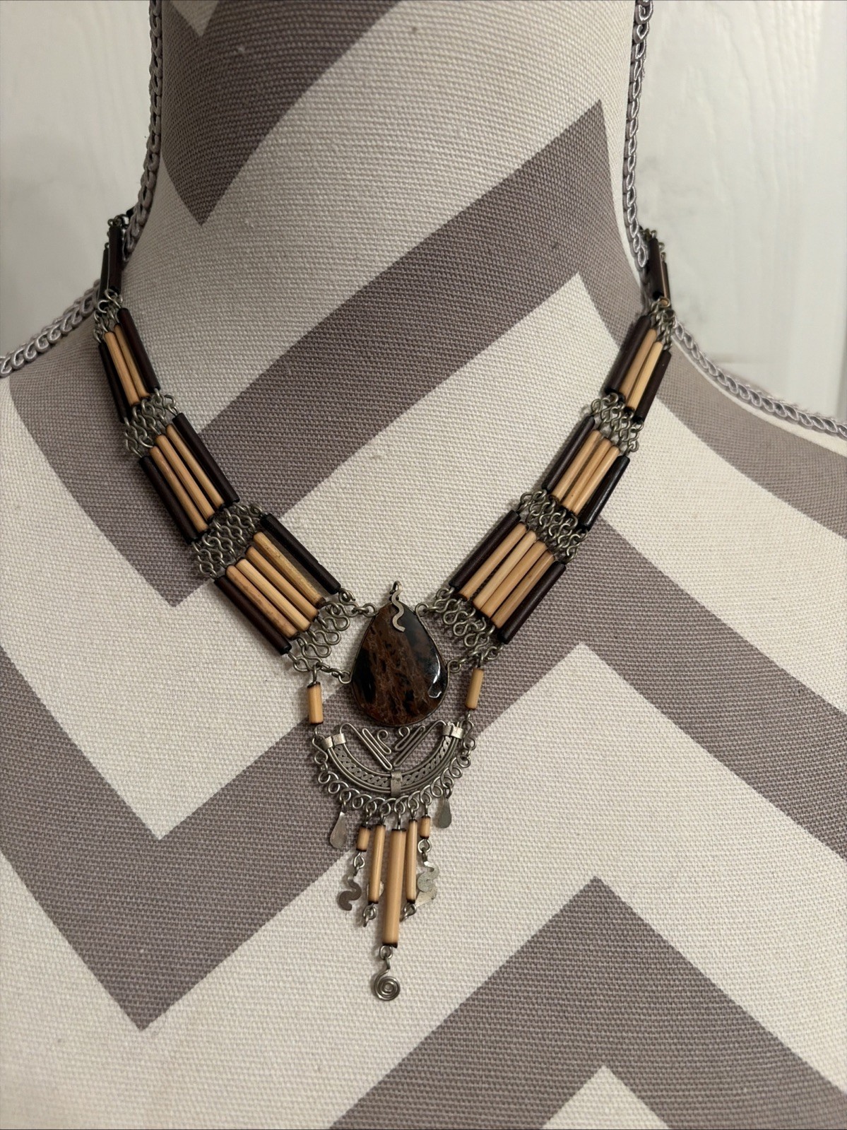 Vintage Handmade Choker necklace bamboo beaded black brown stone Snake Bail