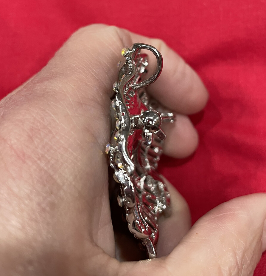 Vintage Silver Tone Poppy Flower w Ab Rhinestones Faux Pearl Brooch Pin Pendant