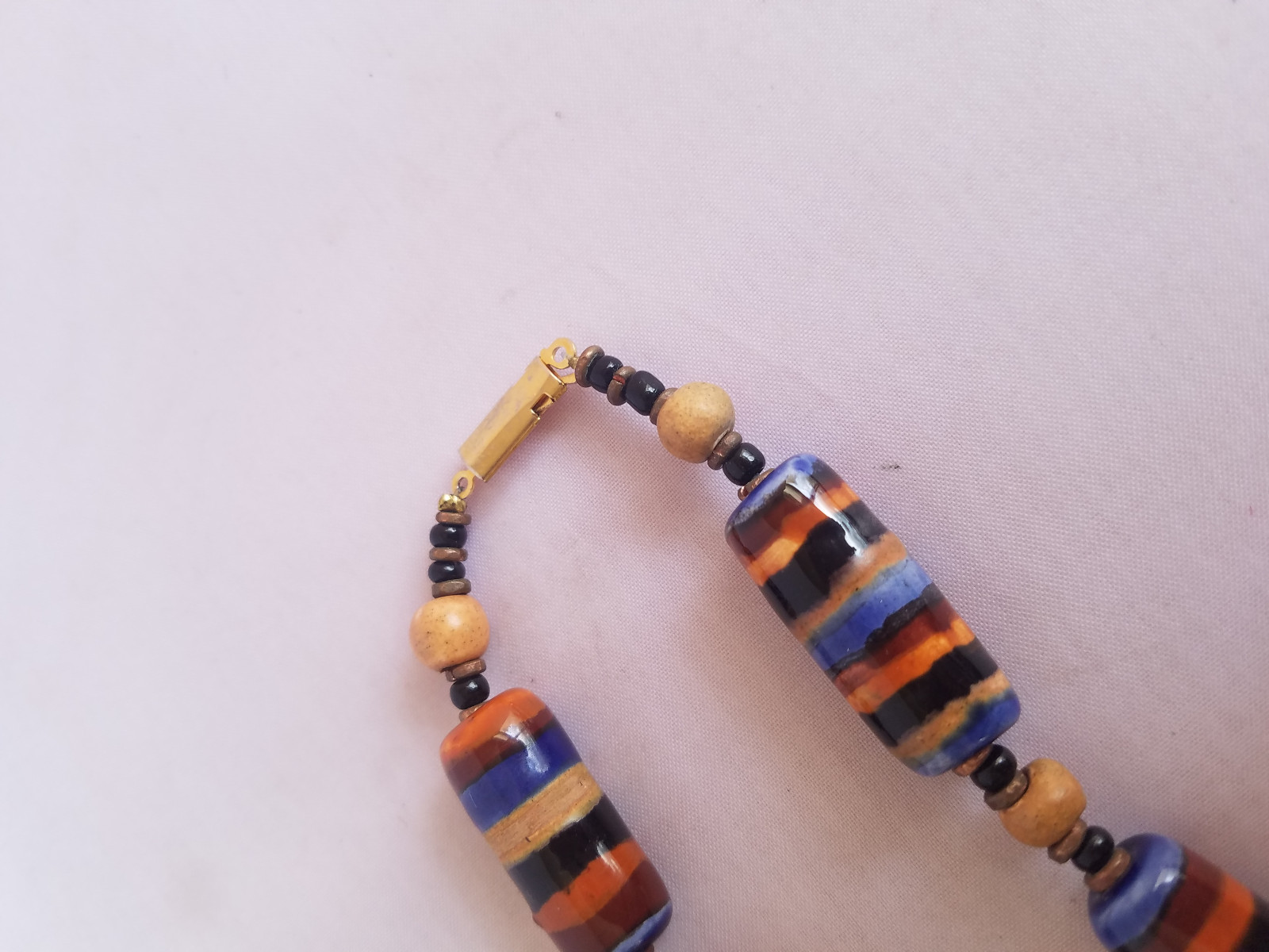 Vintage Ceramic Bead Necklace Orange Blue Brown Stripe Wood Beads Earth Tones