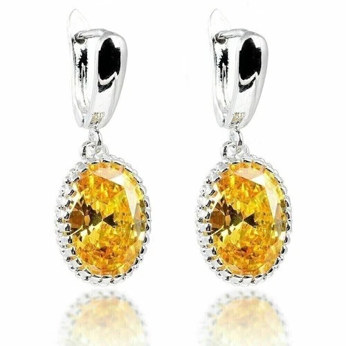 Oval Cut Citrine & Lab Created Diamond Wedding 14Ct White Gold Finish Earrings