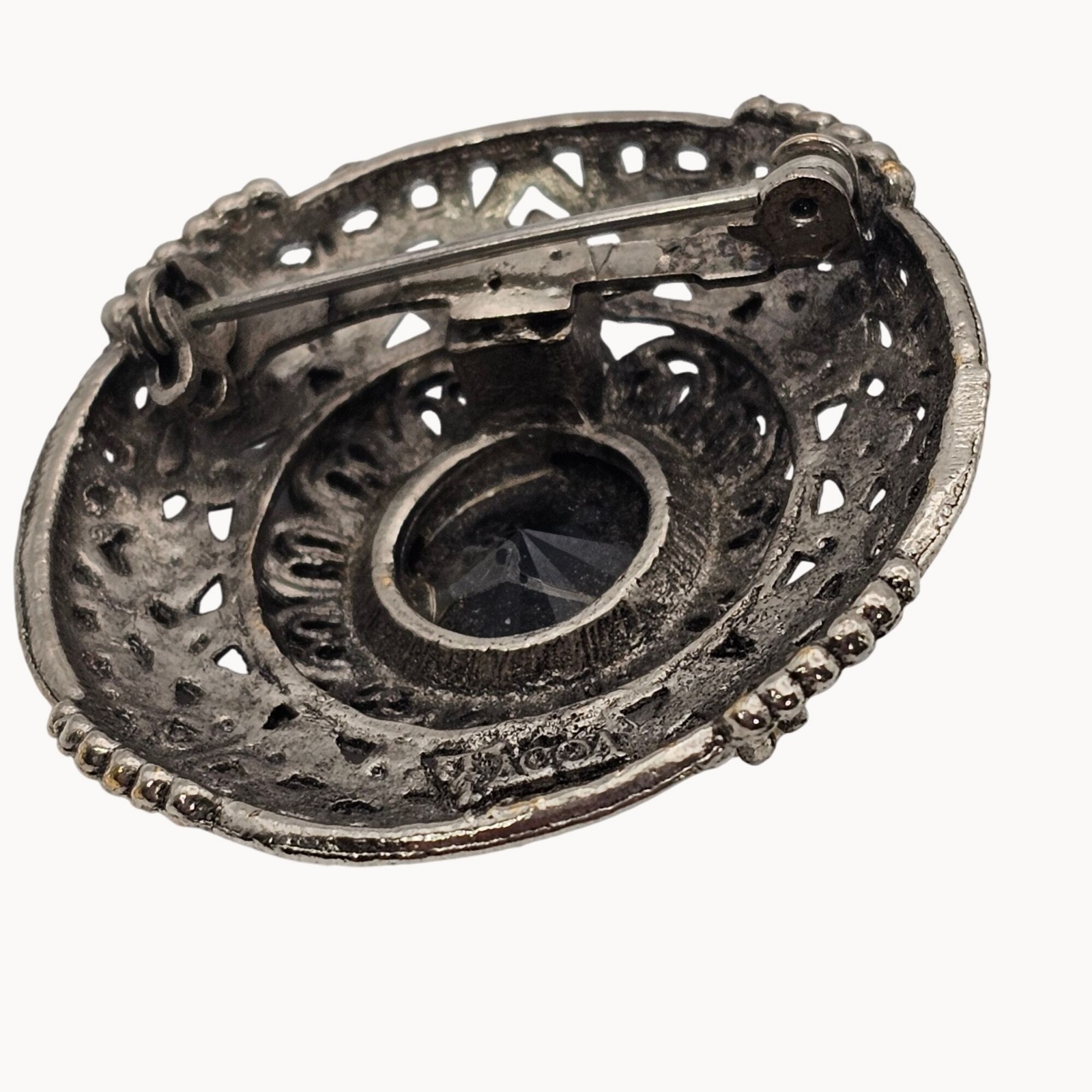 Vtg Tacoa Black Rivoli Filigree Brooch Silver Tone Victorian Revival Gothic Pin