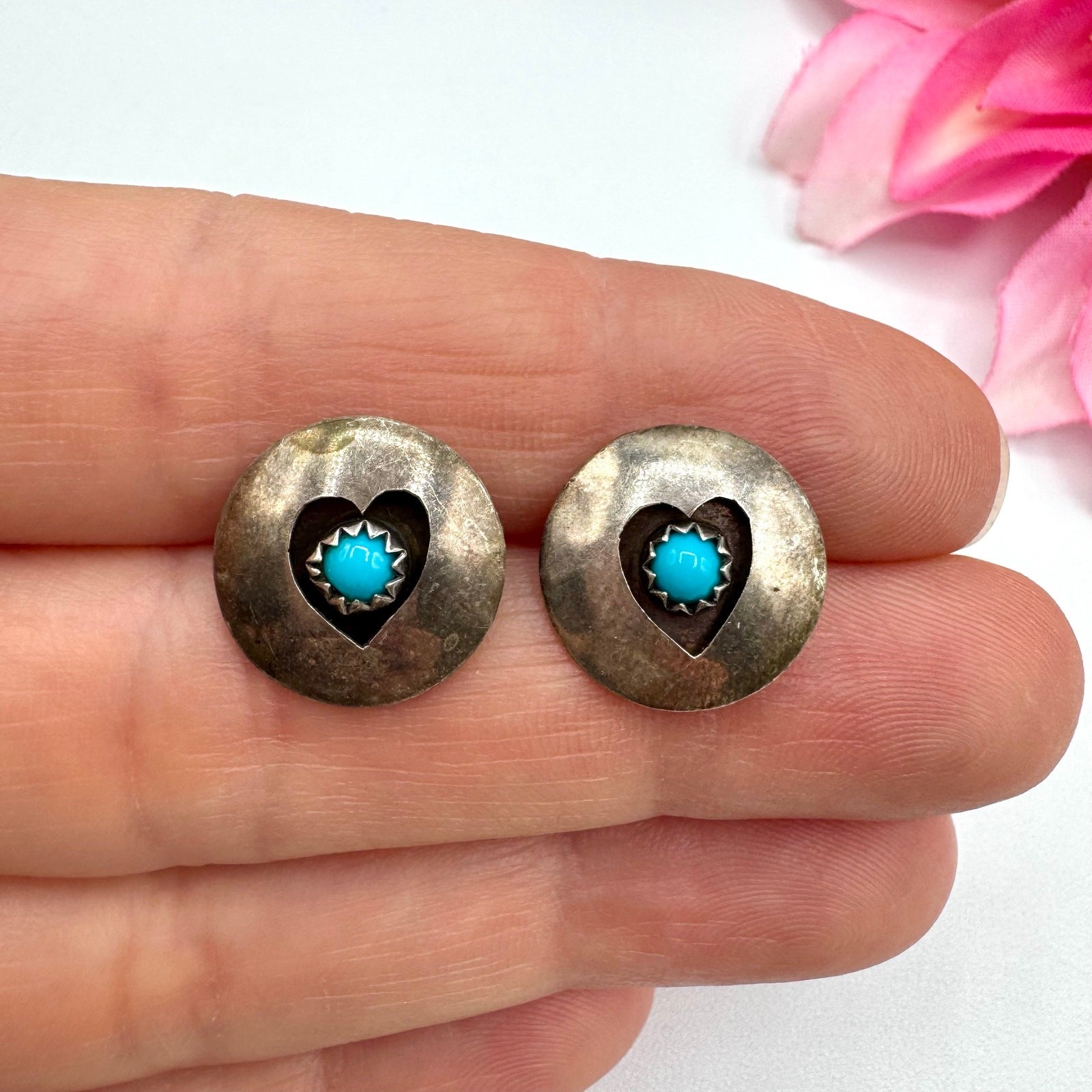 Southwestern Vintage Turquoise & Heart Silver Shadowbox Earrings Native Tribal