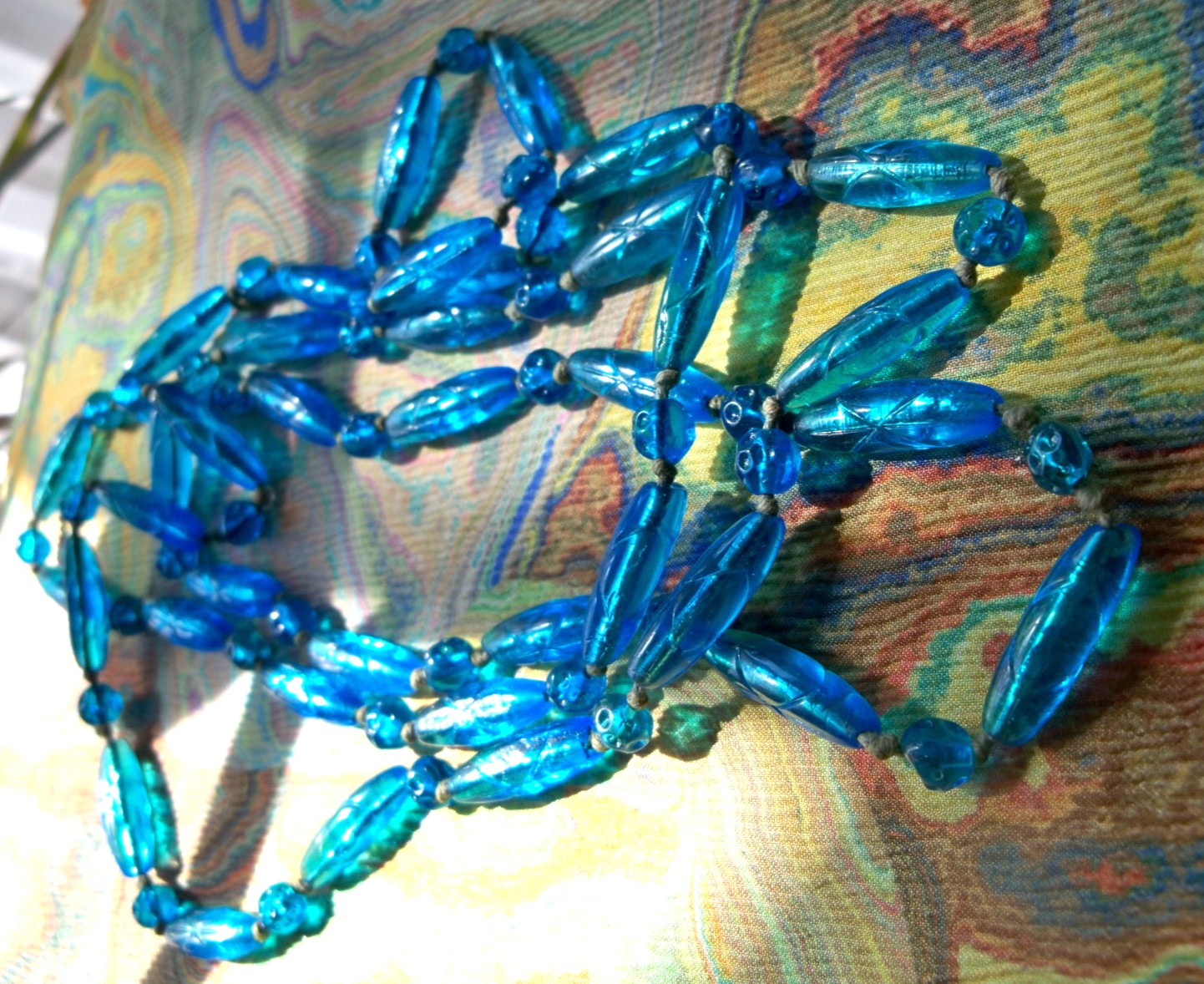 victorian vintage 20s DECO NECKLACE blue GLASS BEAD 50″ LONG egyptian revival