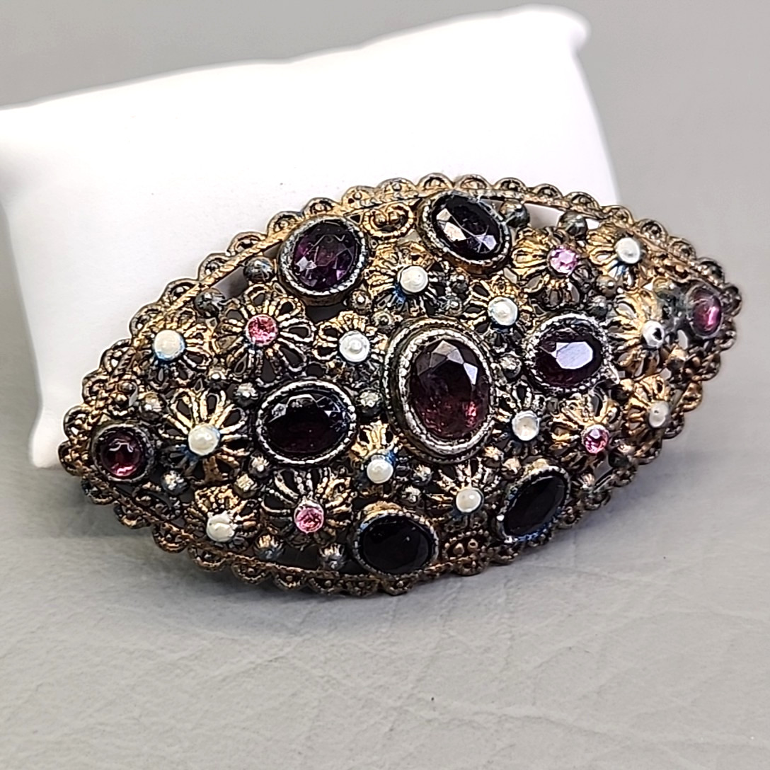 Vintage New England Glassworks Brooch Purple Rhinestones Needs Repair 3″