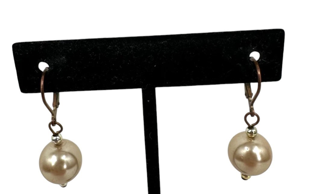 Vintage Brass Tone Faux Pearl Drop Earrings Leverback Classic Elegant Dangle